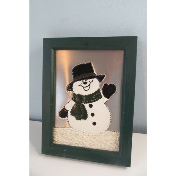 Christmas Snowman Green Hat Scarf Tin Picture in Green Frame - Picture 1 of 4